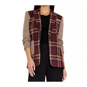 Tahari ASL Colorblock Topper Blazer Women's 4 Red/Black/Beige Plaid NWOT